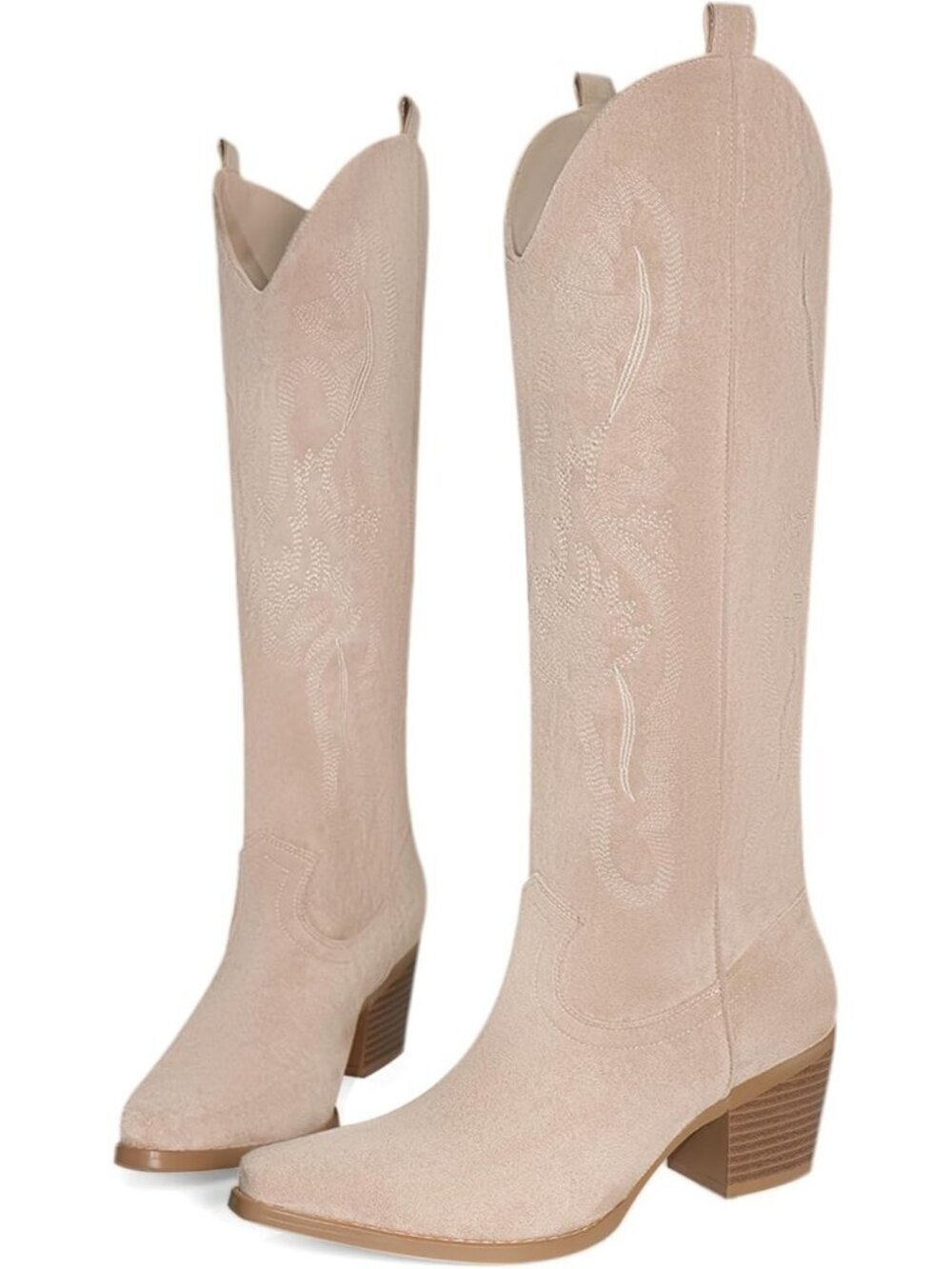 Women's Pointed Toe Chunky Heel Beige Embroidered Western Knee High Cowgirl Boot - Picture 6 of 6